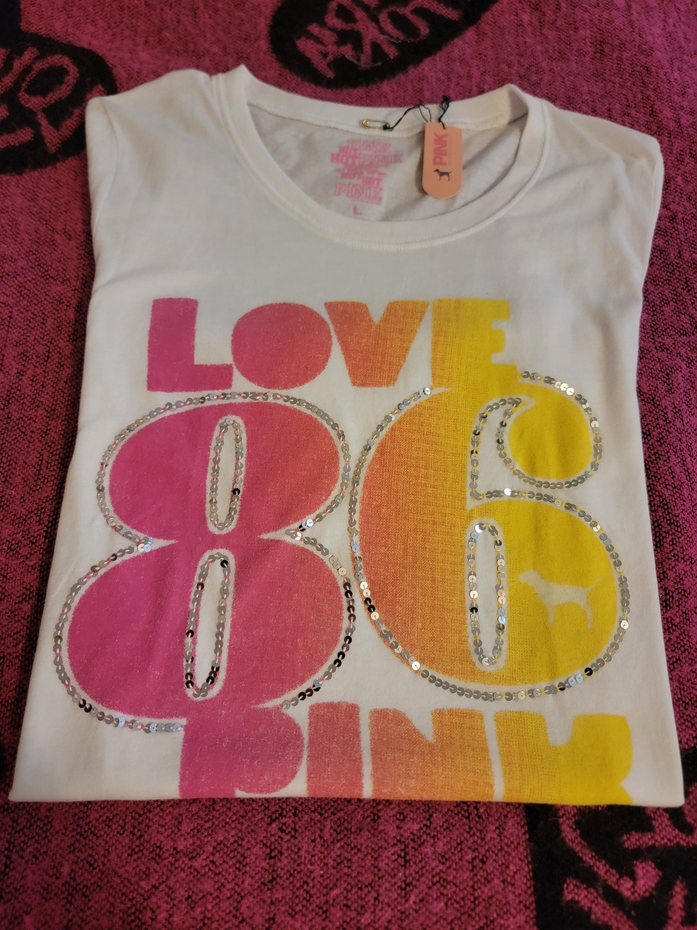 Victoria's Secret PINK 'LOVE 86' White Graphic Tee - Pink & Yellow